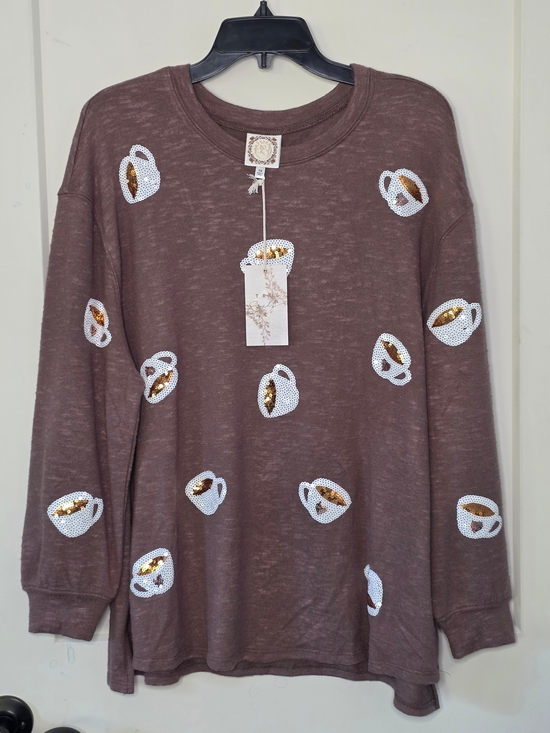 Tru Self Tops - Tru Self - Brown Sequin Coffee Cup Graphic Long-Sleeve Tee